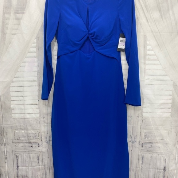 NWT Guess Size 6 Solid Royal Blue Dress Cutout Front Sexy Midi Long Sleeve - Picture 9 of 12
